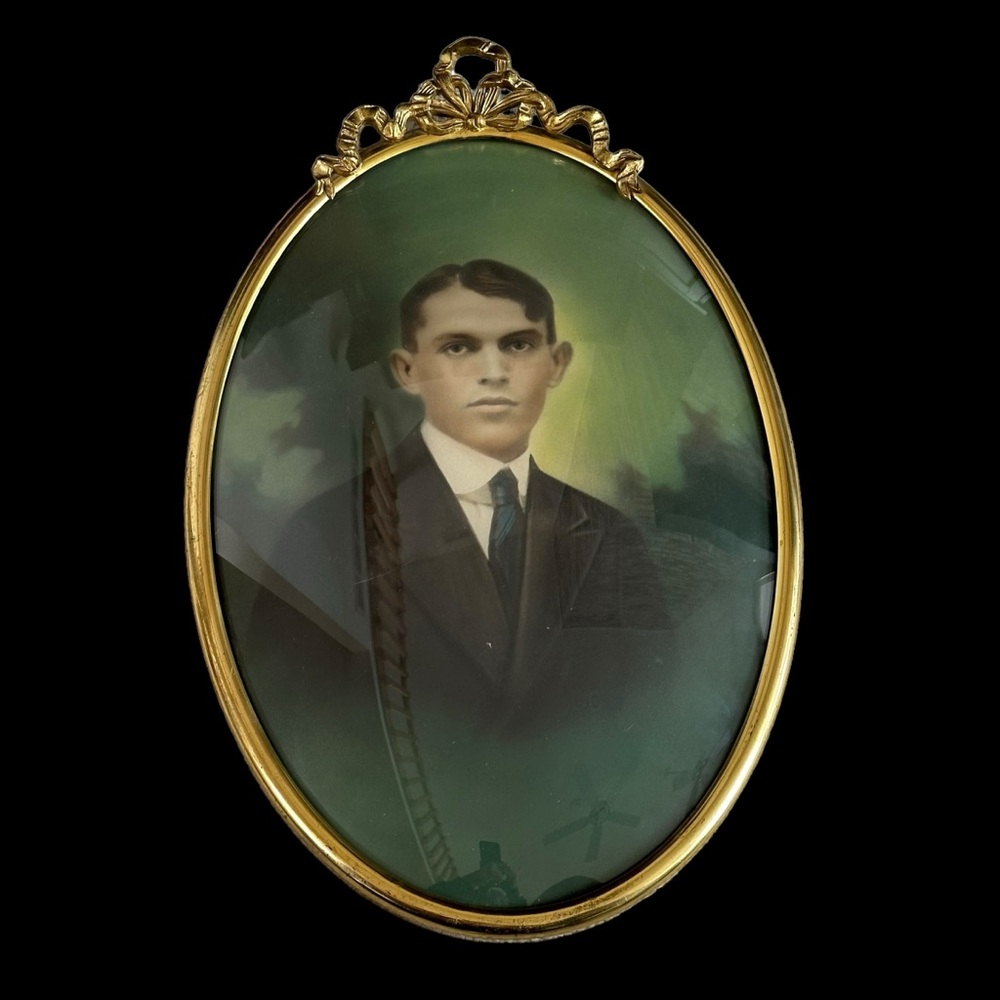 Antique Oval Brass Metal Convex Bubble Glass Frame Portrait Of A Young Man